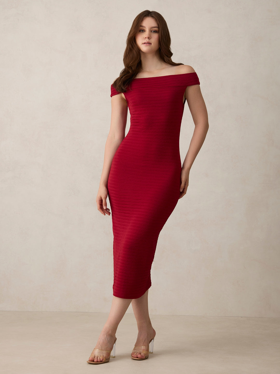 Maroon Off Shoulder Textured Knit Dress