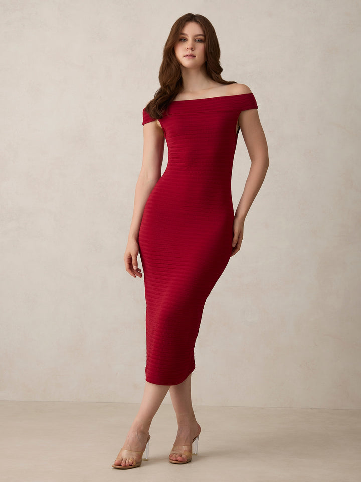 Maroon Off Shoulder Textured Knit Dress
