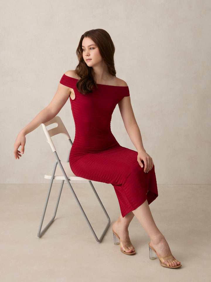 Maroon Off Shoulder Textured Knit Dress
