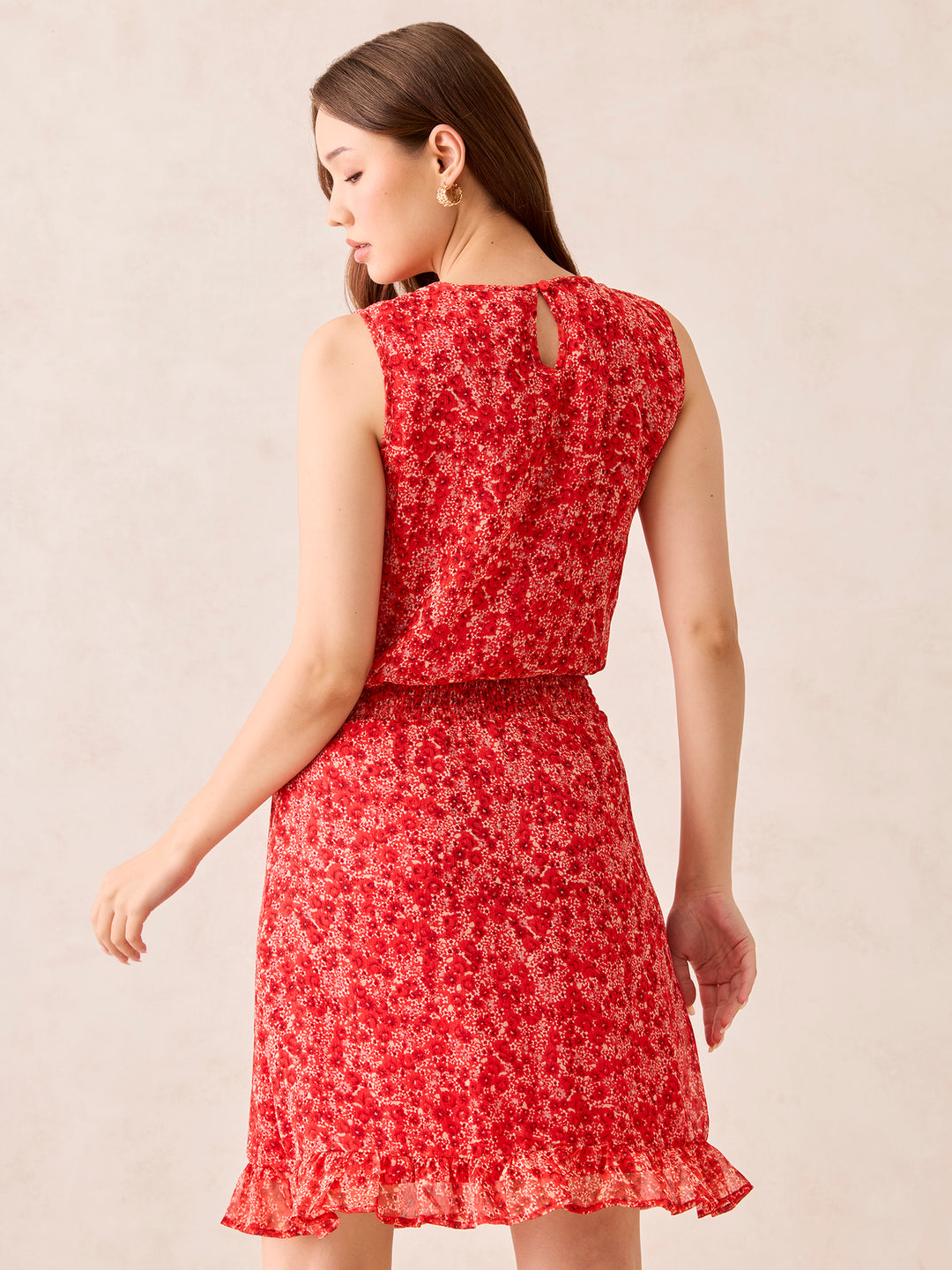 Red Waist Smocked Fit And Flare Mini Dress