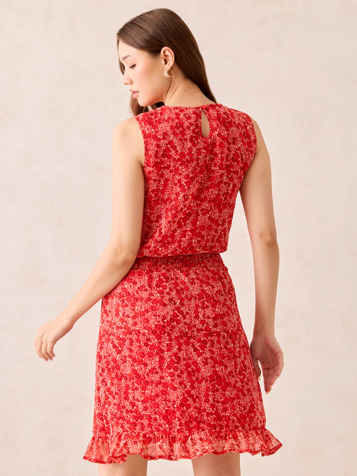 Red Waist Smocked Fit And Flare Mini Dress