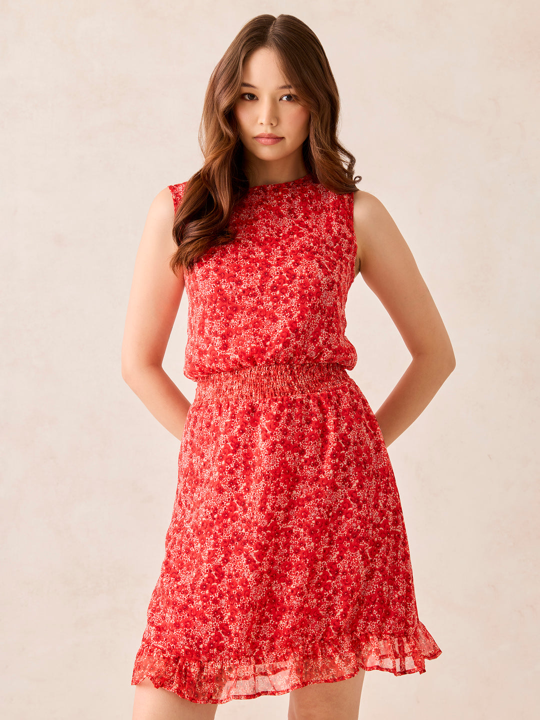 Red Waist Smocked Fit And Flare Mini Dress
