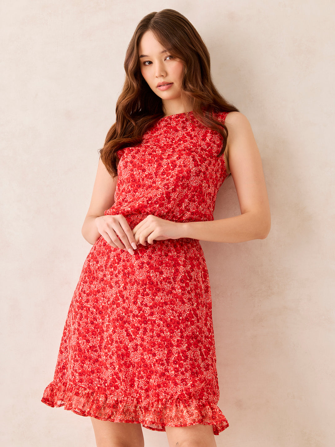 Red Waist Smocked Fit And Flare Mini Dress