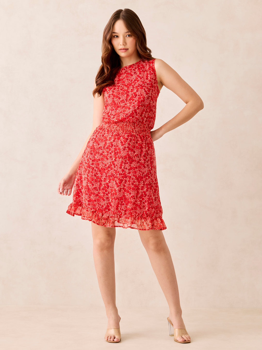 Red Waist Smocked Fit And Flare Mini Dress