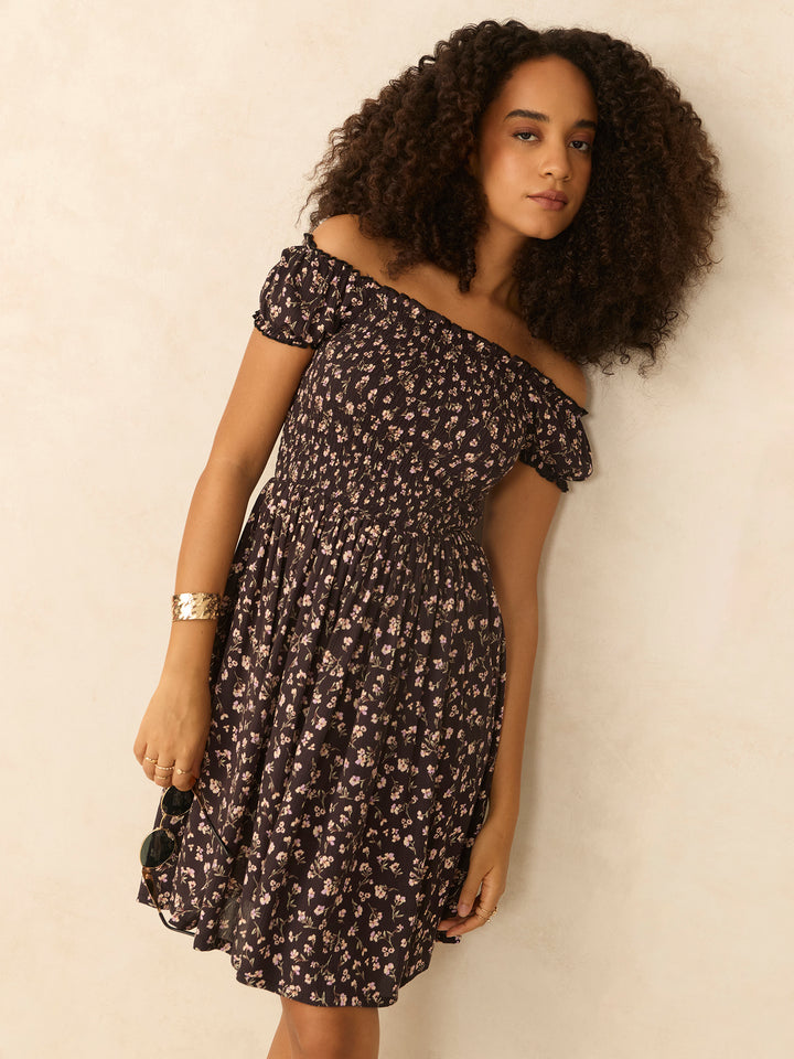 Black Off Shoulder Mini Dress With Smocking Detail