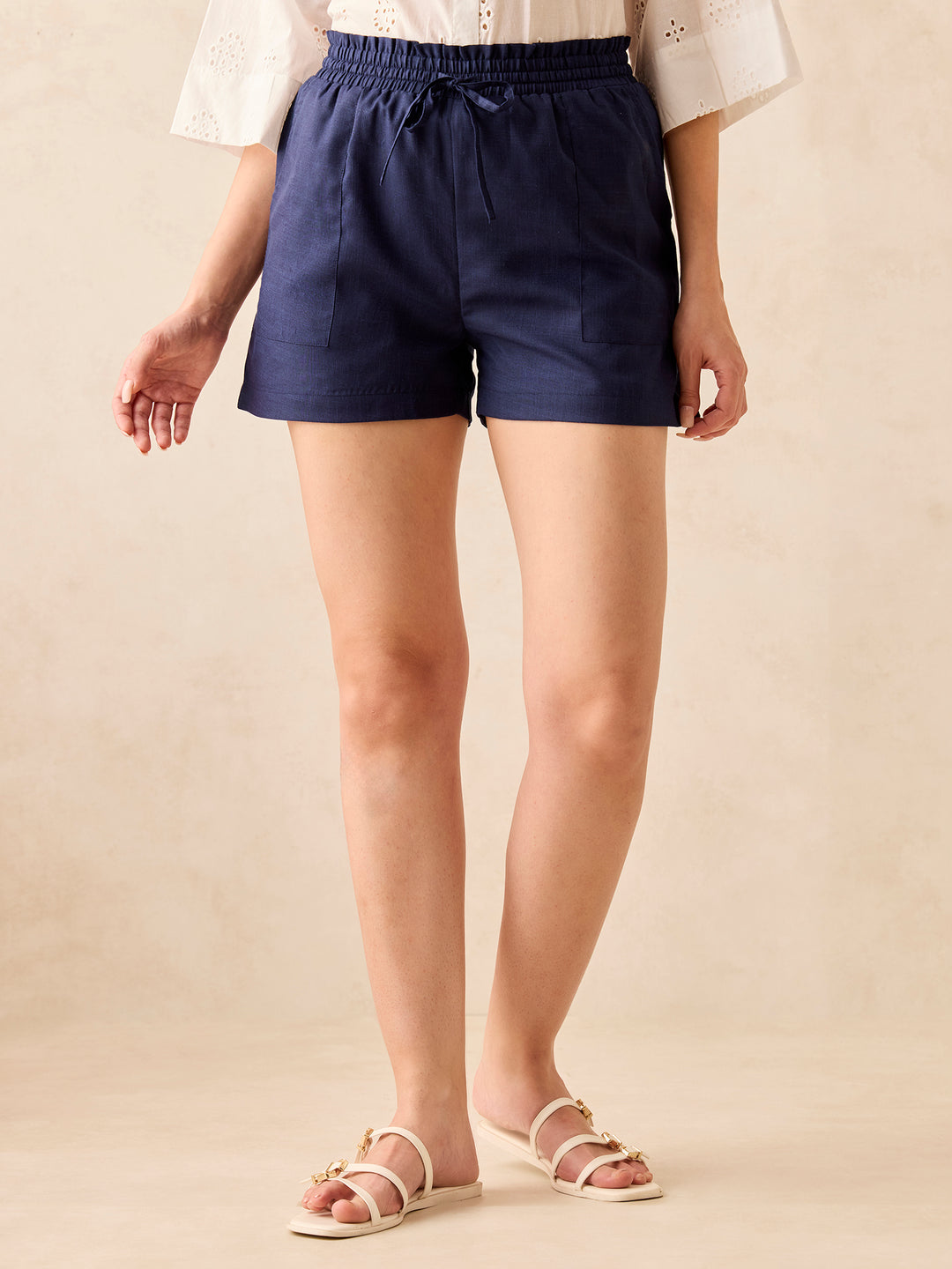Navy Blue Casual Elastic Waist Pocketed Shorts