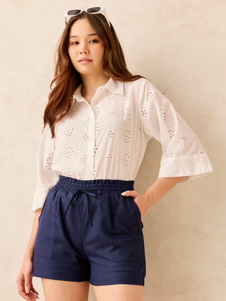 Navy Blue Casual Elastic Waist Pocketed Shorts