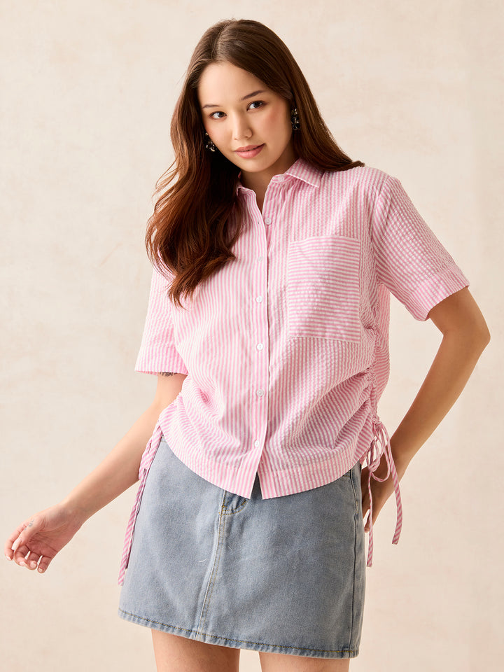 Pink Boxy Shirt With Side Ruching Detail