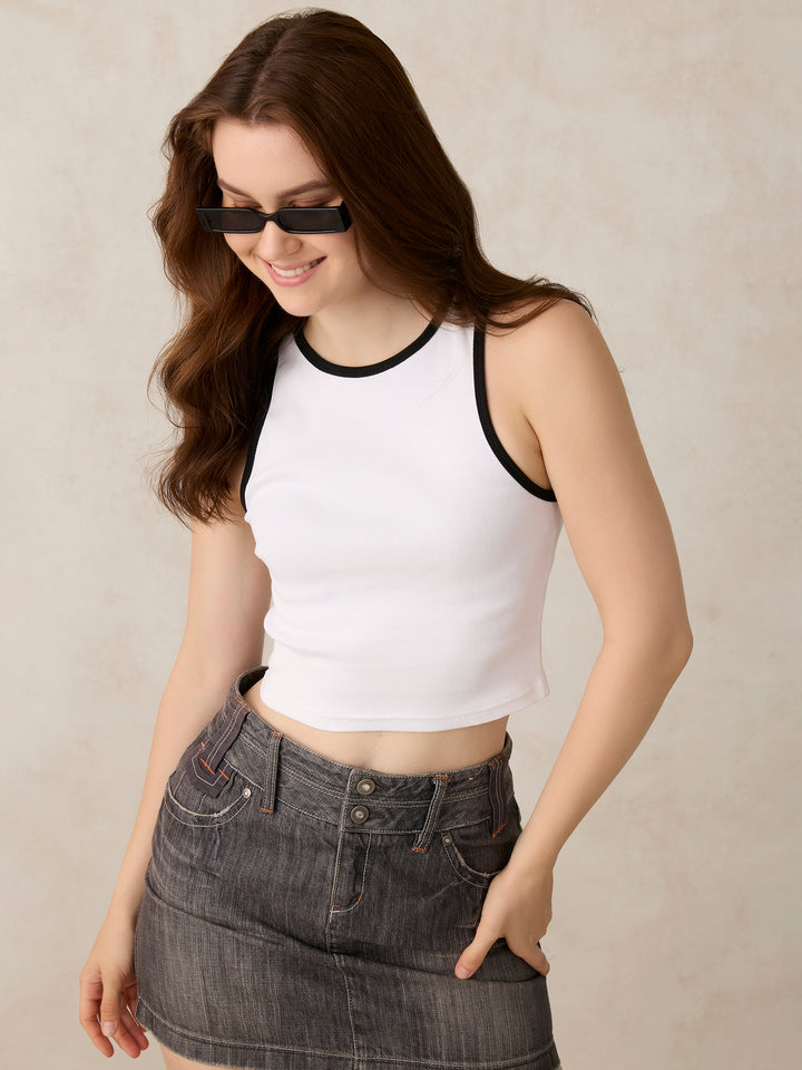 White Contrast Strap Tank