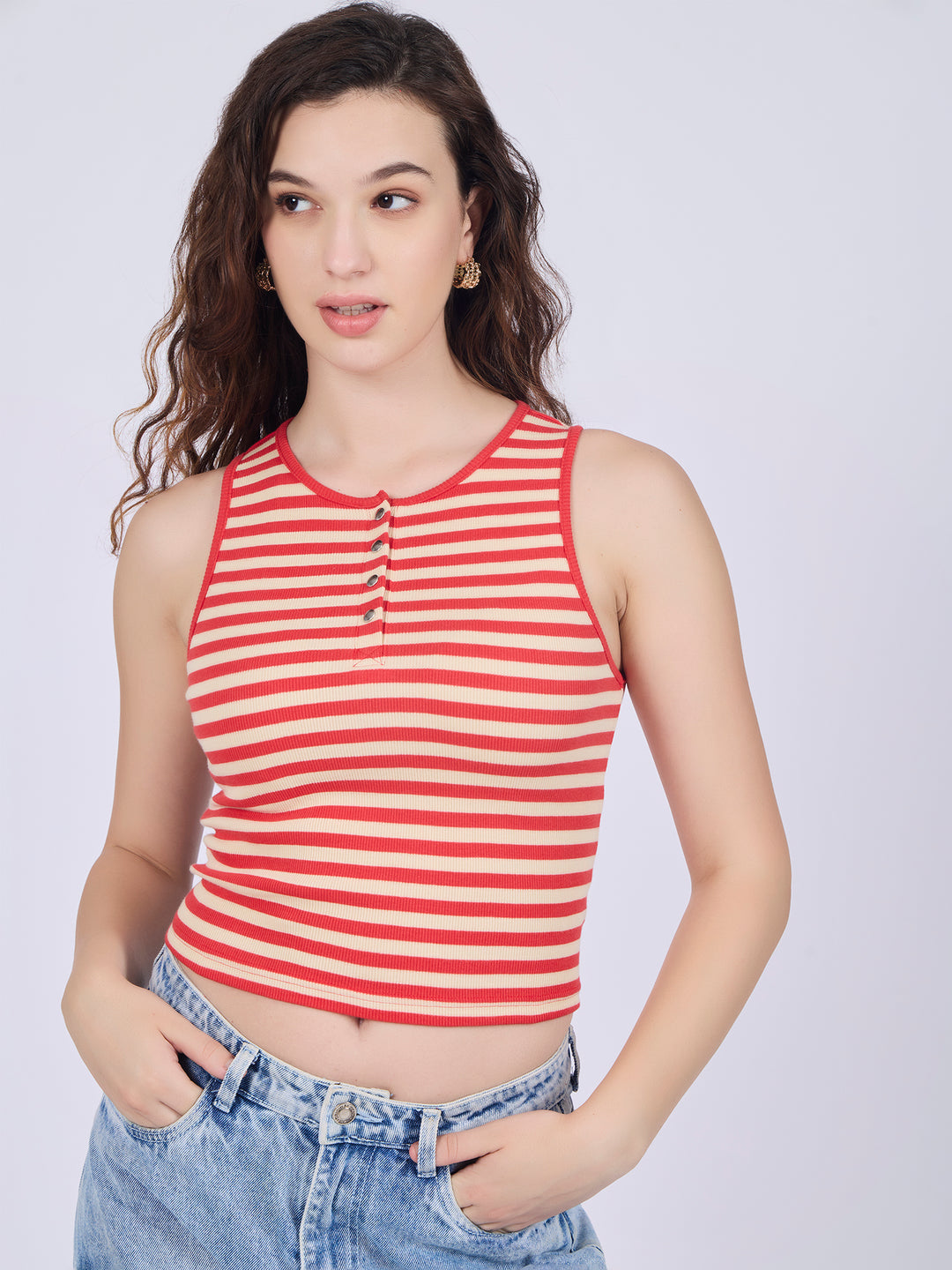 Red Striped Button Down Tank