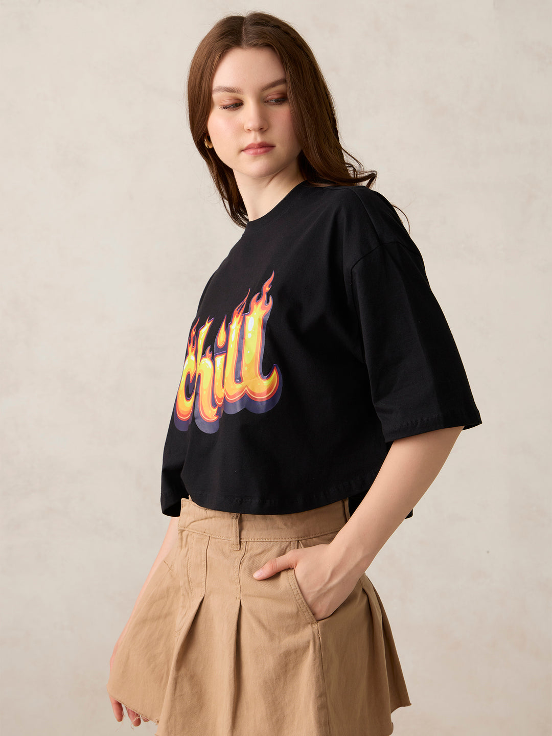 Black Graphic Cropped Boxy T-Shirt