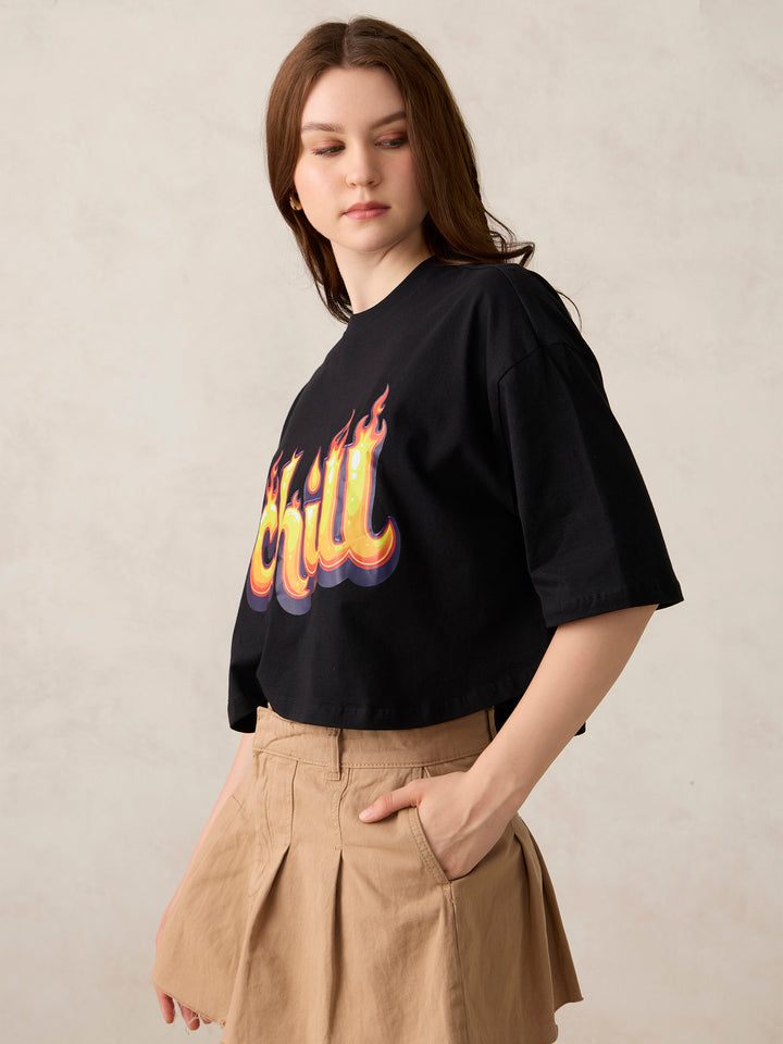 Black Graphic Cropped Boxy T-Shirt