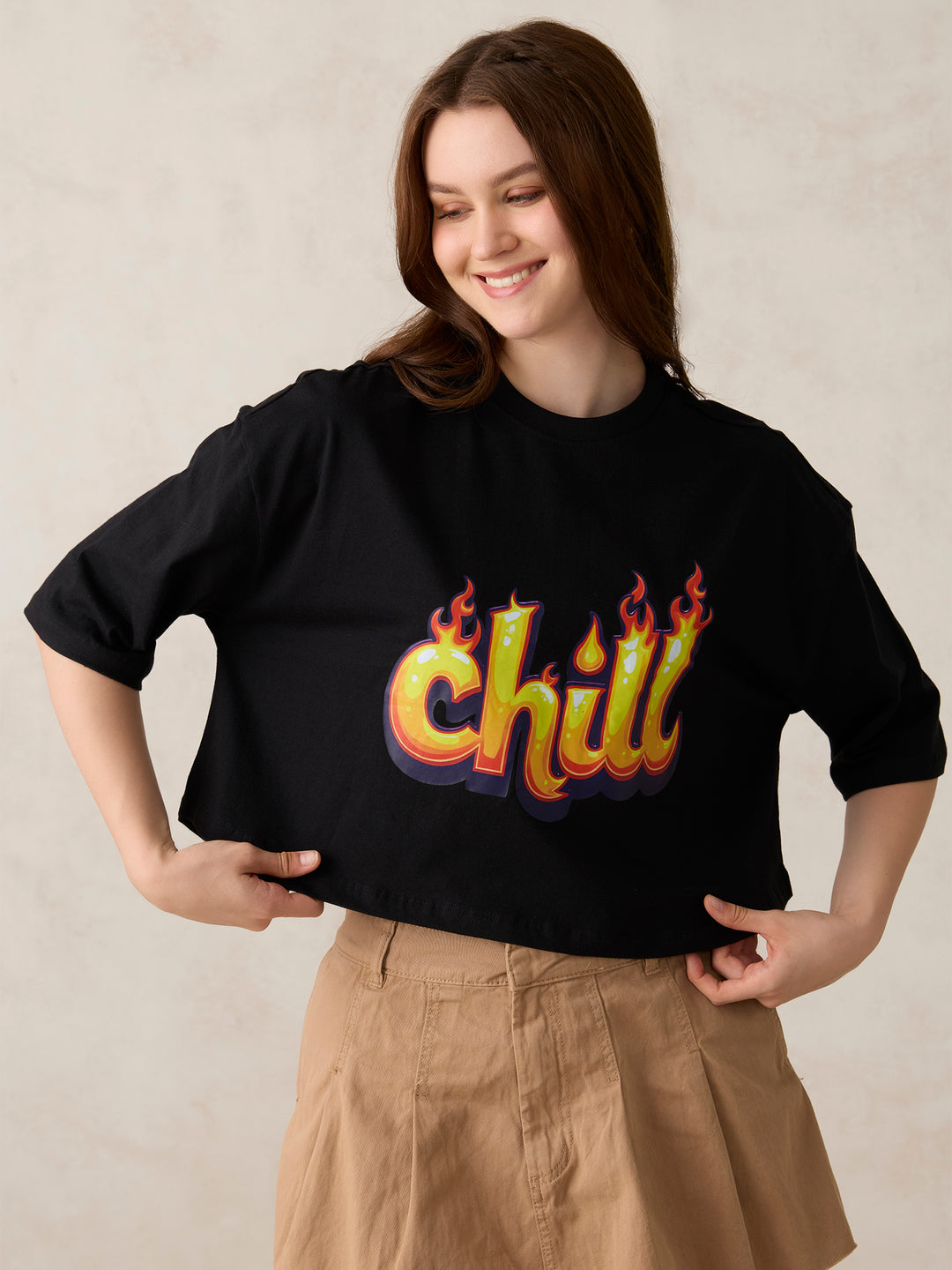 Black Graphic Cropped Boxy T-Shirt