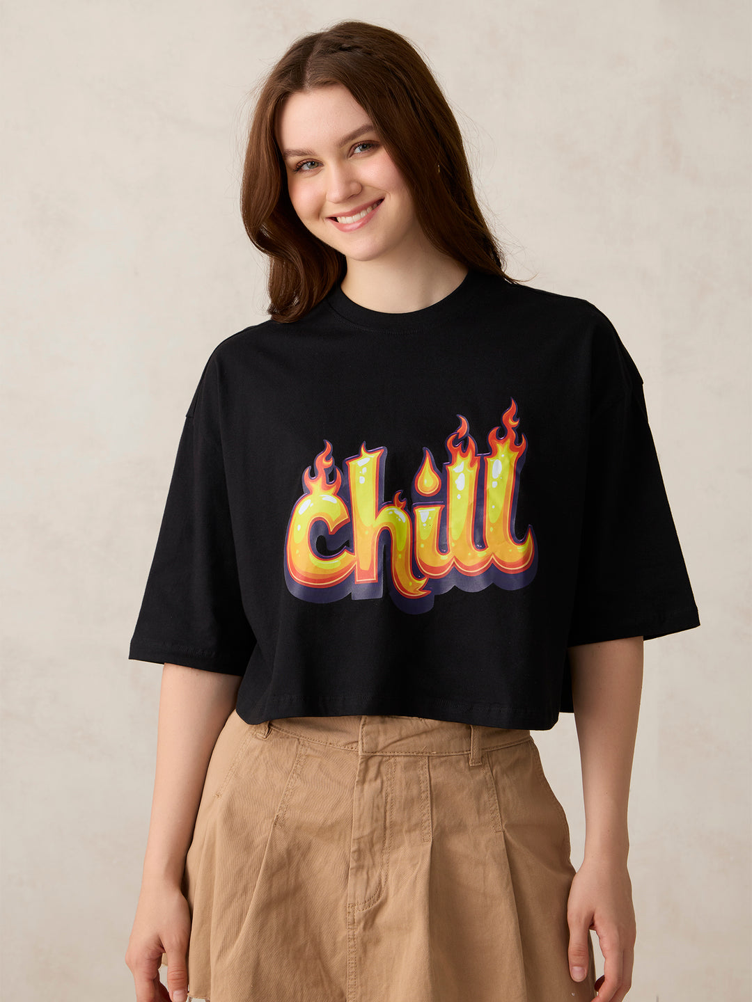 Black Graphic Cropped Boxy T-Shirt