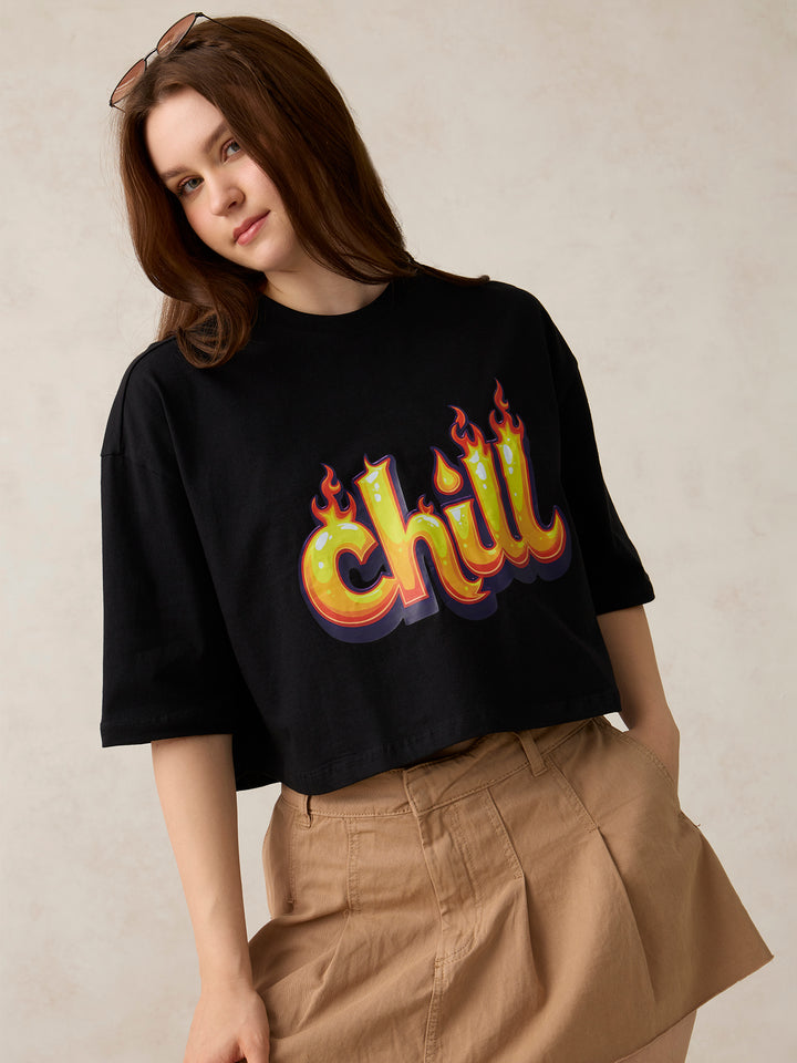 Black Graphic Cropped Boxy T-Shirt