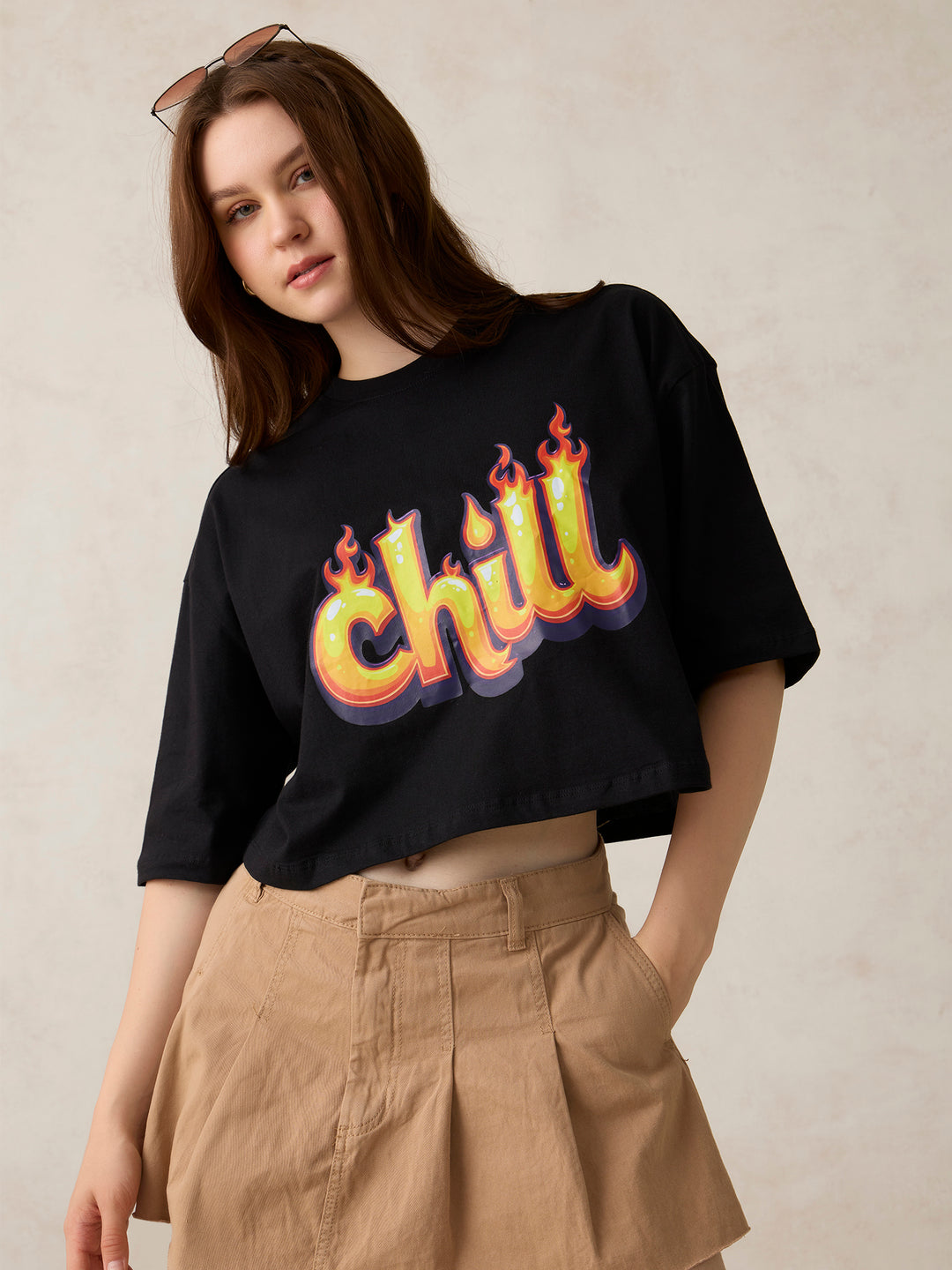 Black Graphic Cropped Boxy T-Shirt