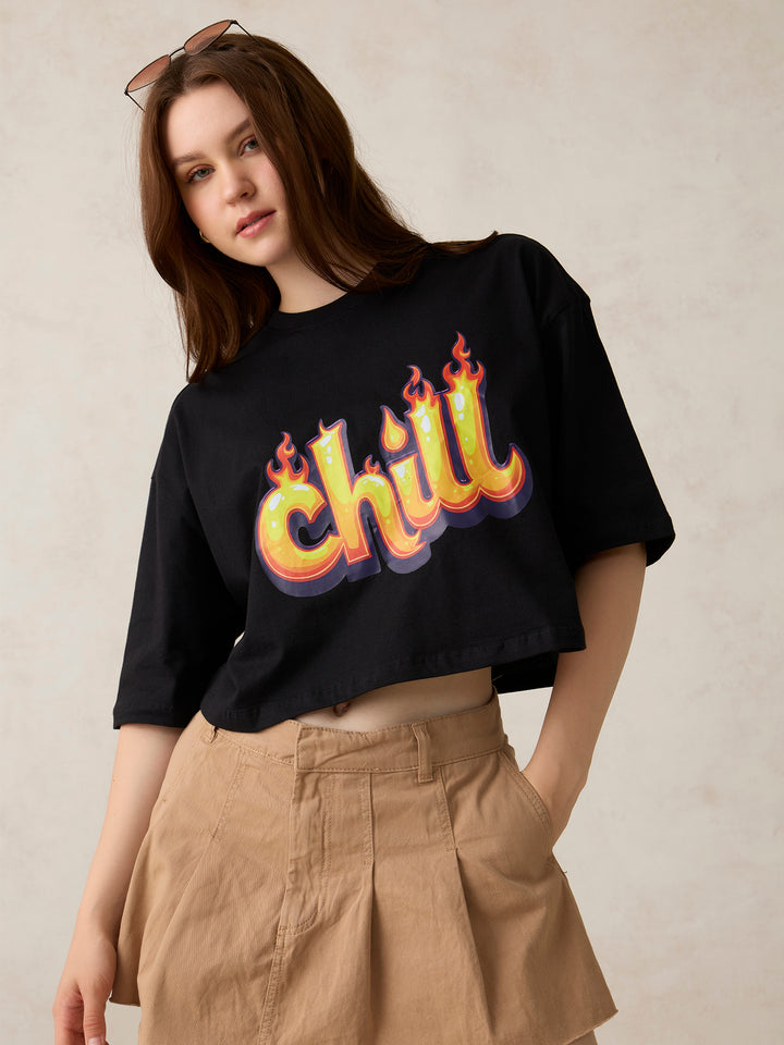 Black Graphic Cropped Boxy T-Shirt