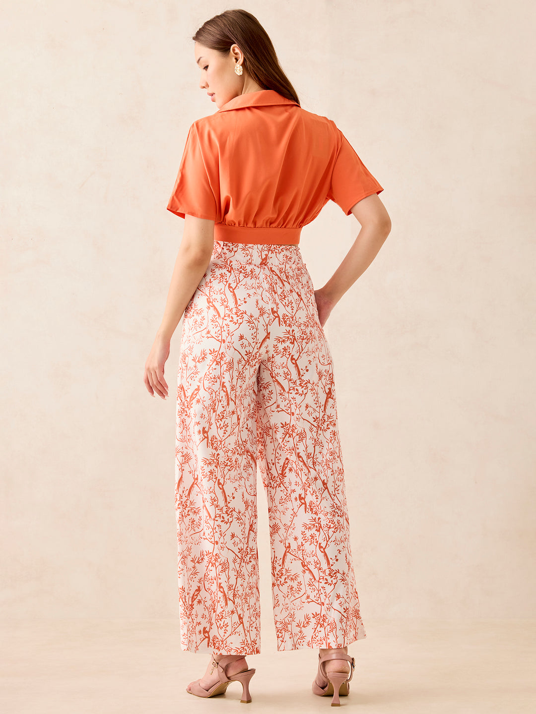 Orange Solid Top With Printed Wide Leg Trouser Coord Set