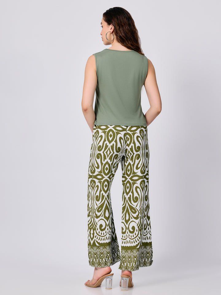 Green Solid Top Printed Wide Trouser Coord Set