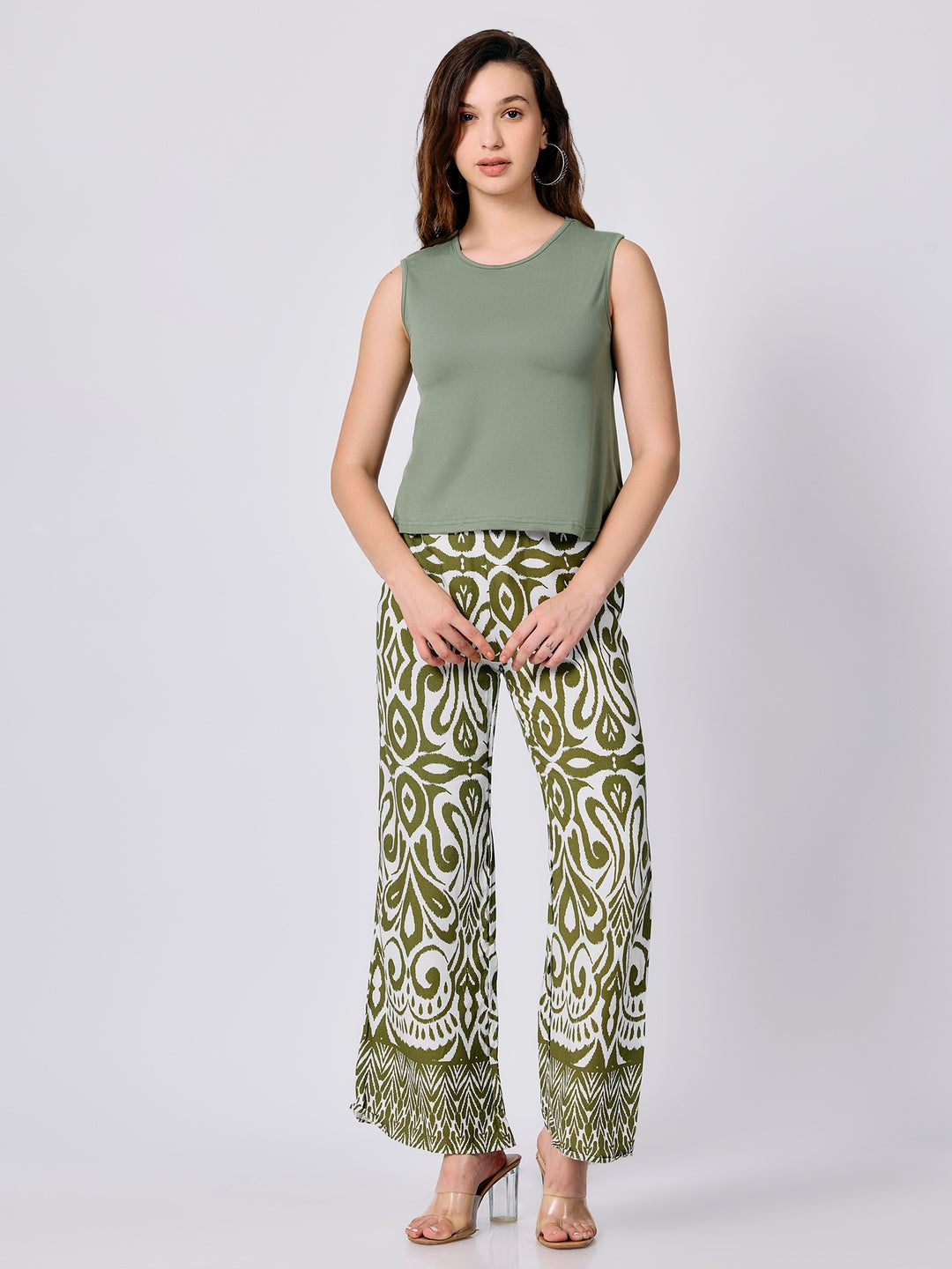 Green Solid Top Printed Wide Trouser Coord Set