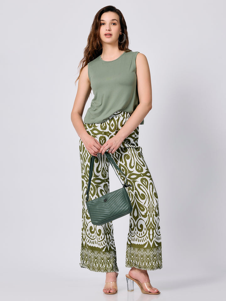 Green Solid Top Printed Wide Trouser Coord Set