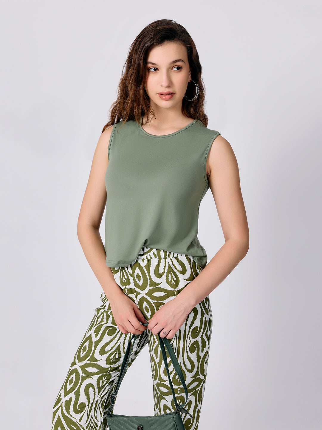 Green Solid Top Printed Wide Trouser Coord Set