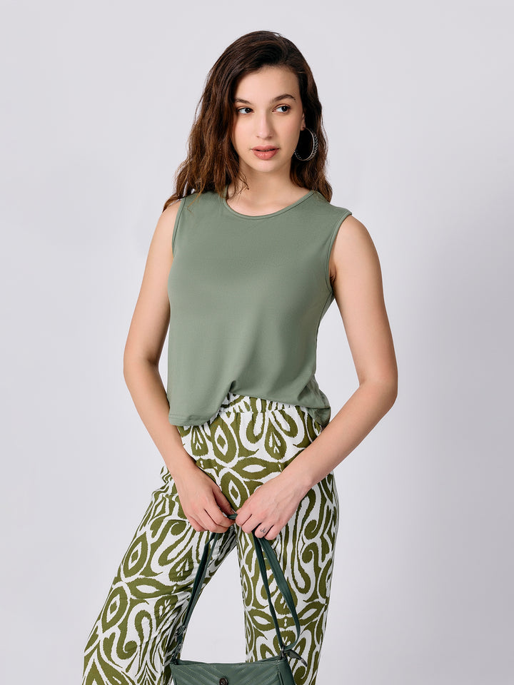 Green Solid Top Printed Wide Trouser Coord Set