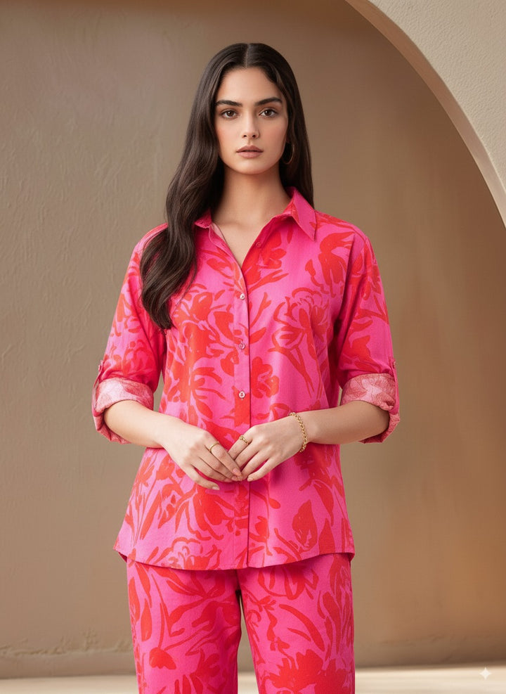 Magenta Folded Sleeve Collared Printed Shirt