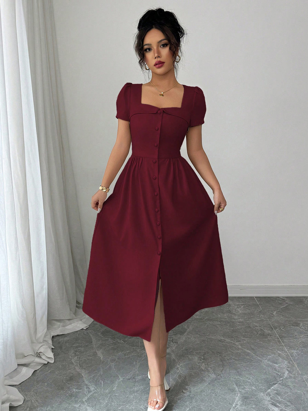 Wine Puff Sleeve Front Button Dress