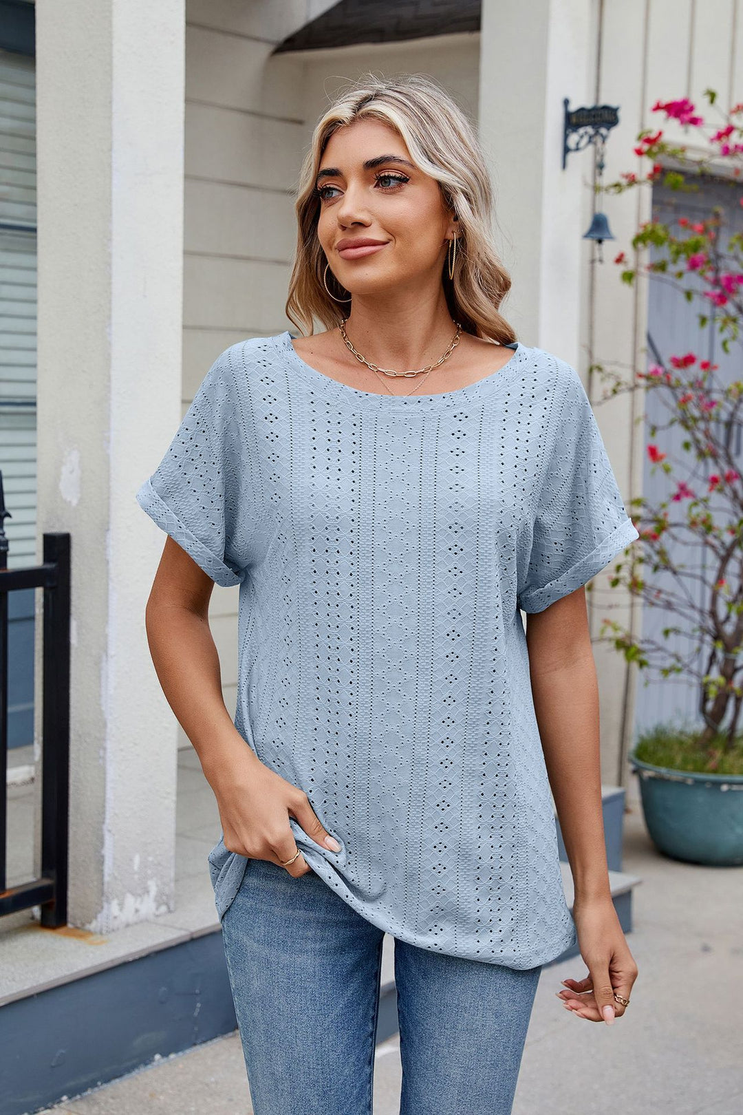 Blue Short Sleeve Round Neck Top