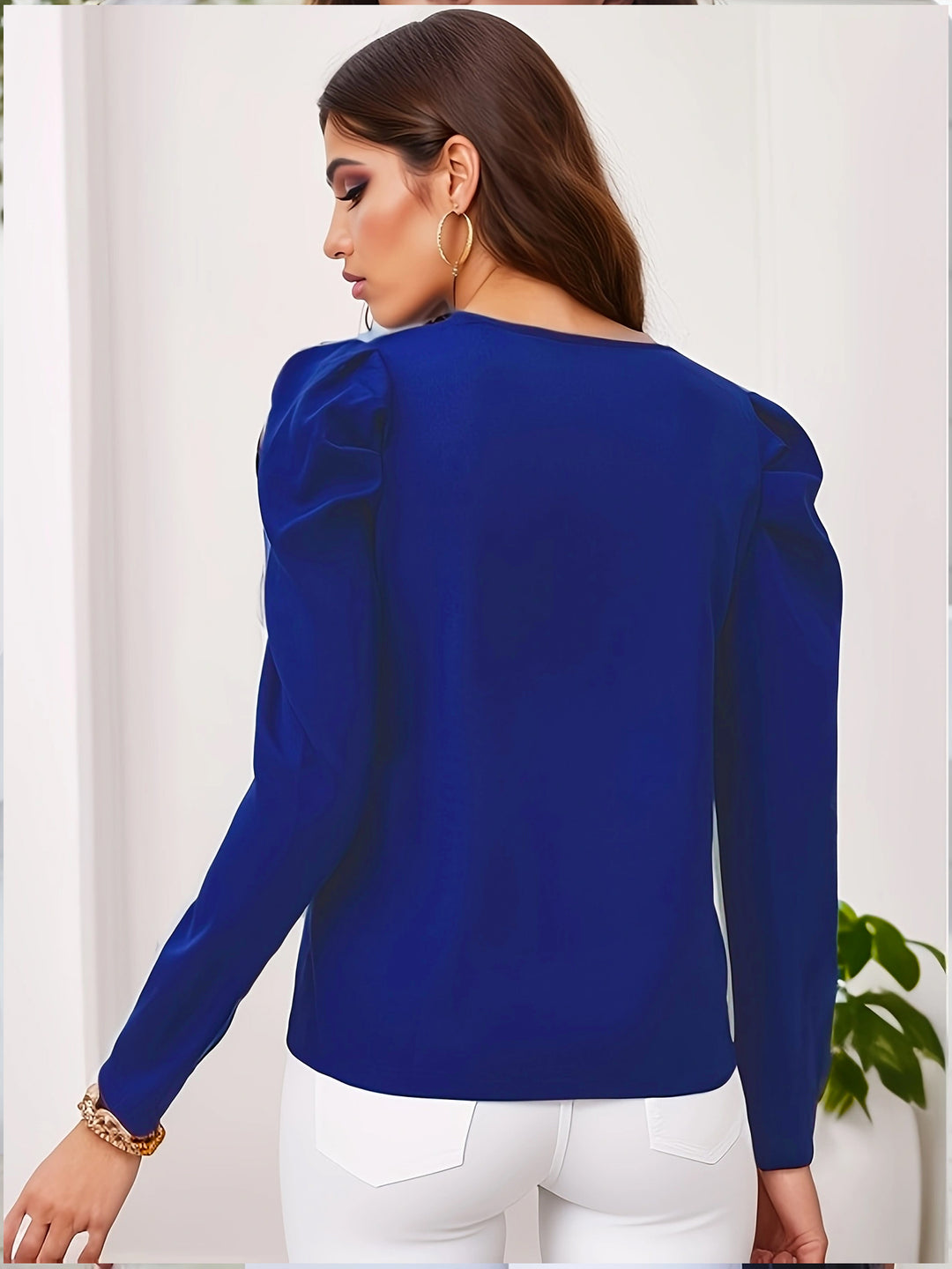 Navy Blue Full Puff Sleeves V Neck Top