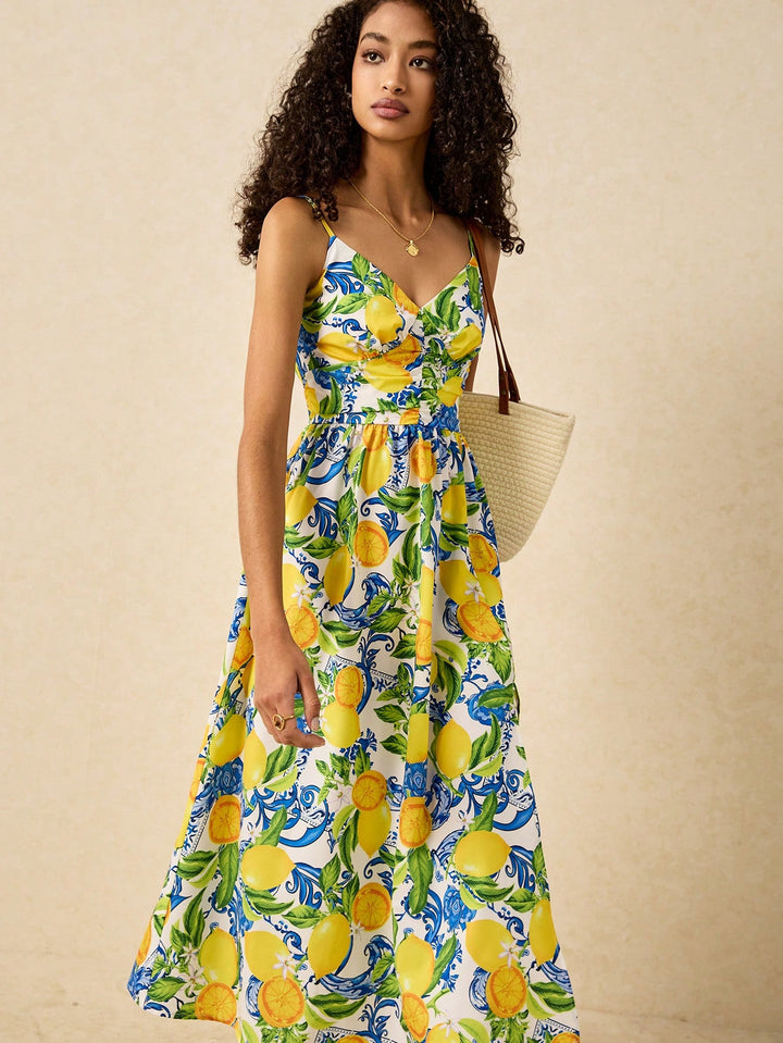 Yellow Strappy Printed Thigh High Slit Dress