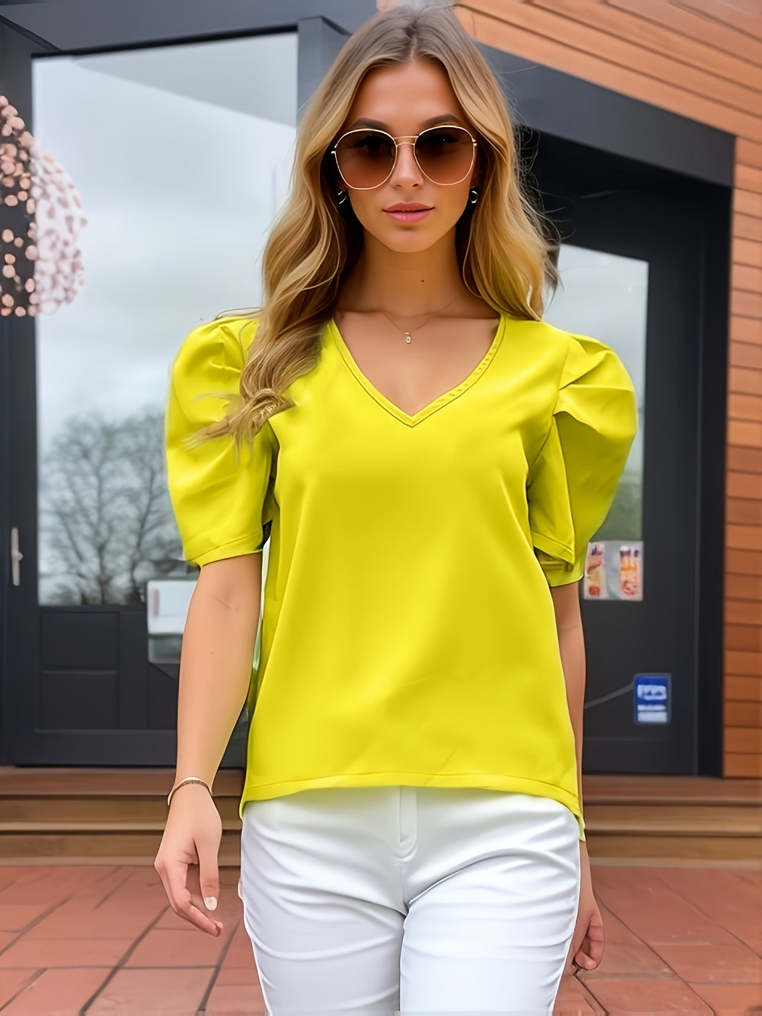 Yellow Half Puff Sleeves V-Neck Top