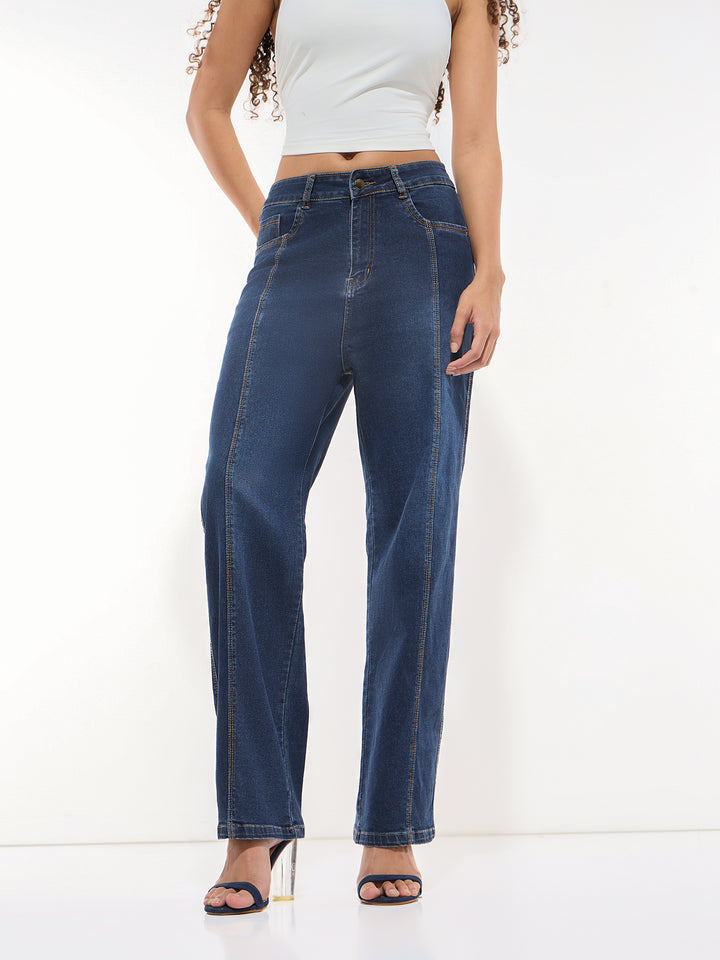 Blue Straight Fit Jeans With Front Seam