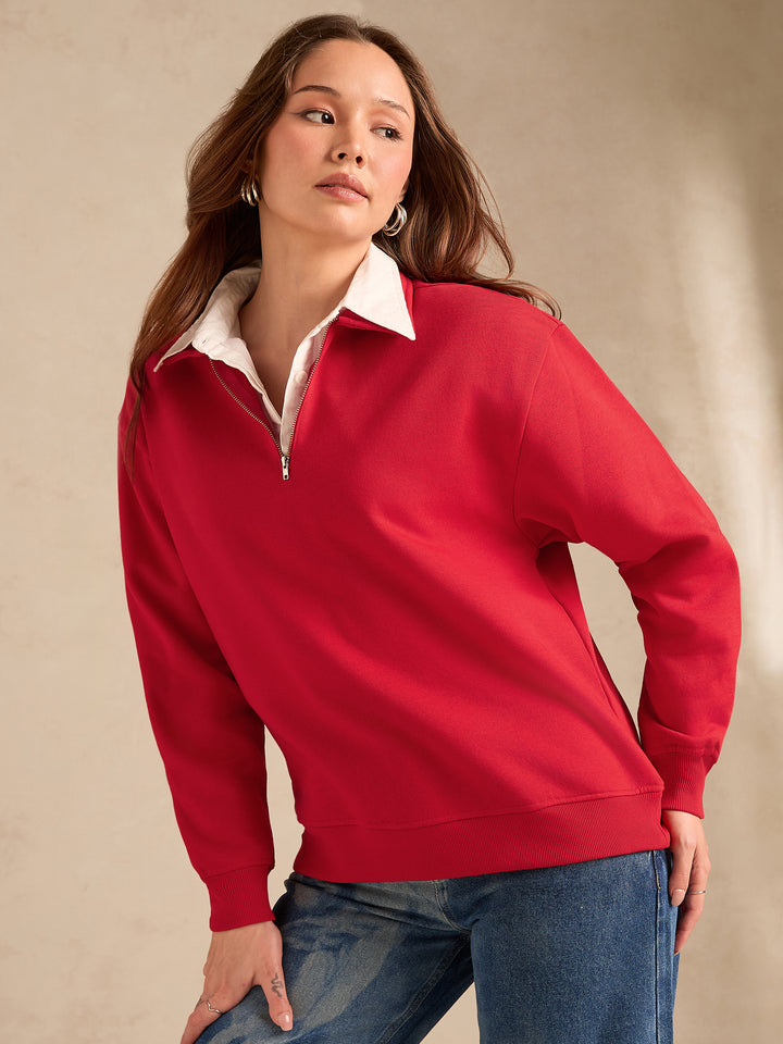 Red Solid Oversized Zipper Sweatshirt