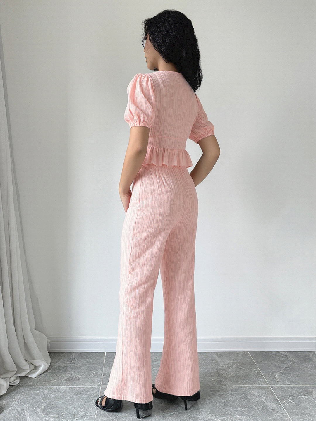 Pink Puff Sleeved Top And Pants Co-Ord Set