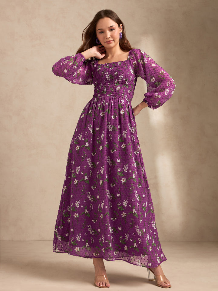 Purple Full Sleeves Printed Maxi Dress