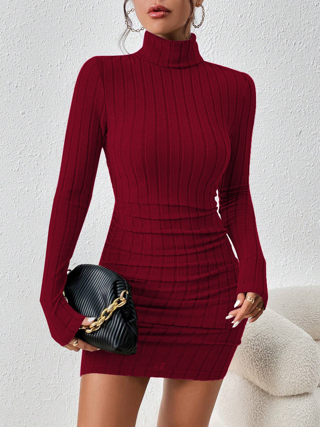 Wine Full Sleeved High Neck Bodycon Dress