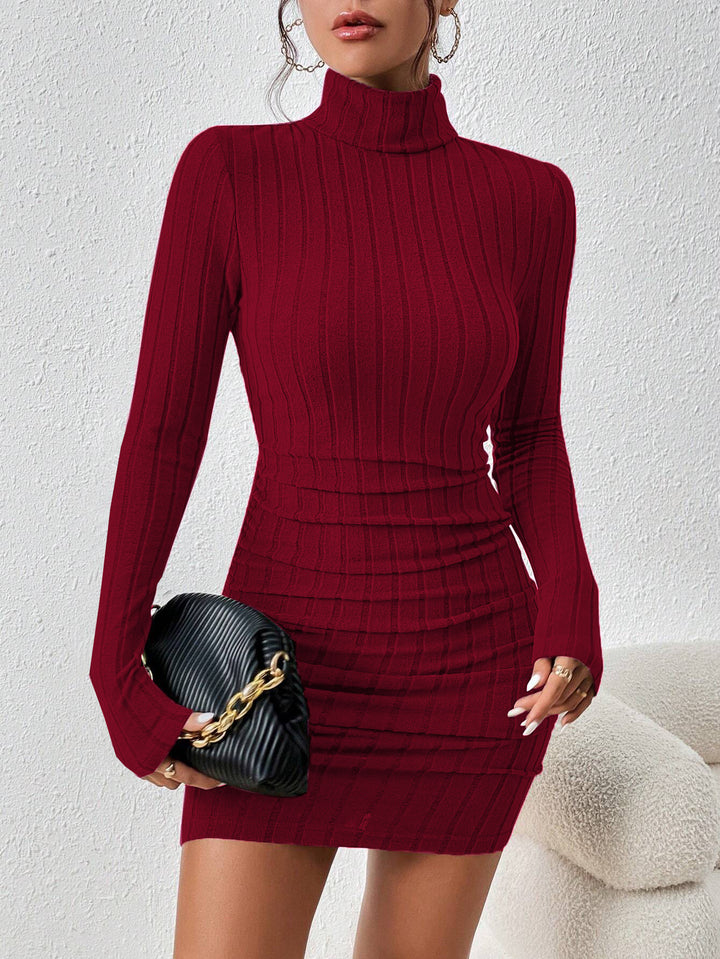 Wine Full Sleeved High Neck Bodycon Dress