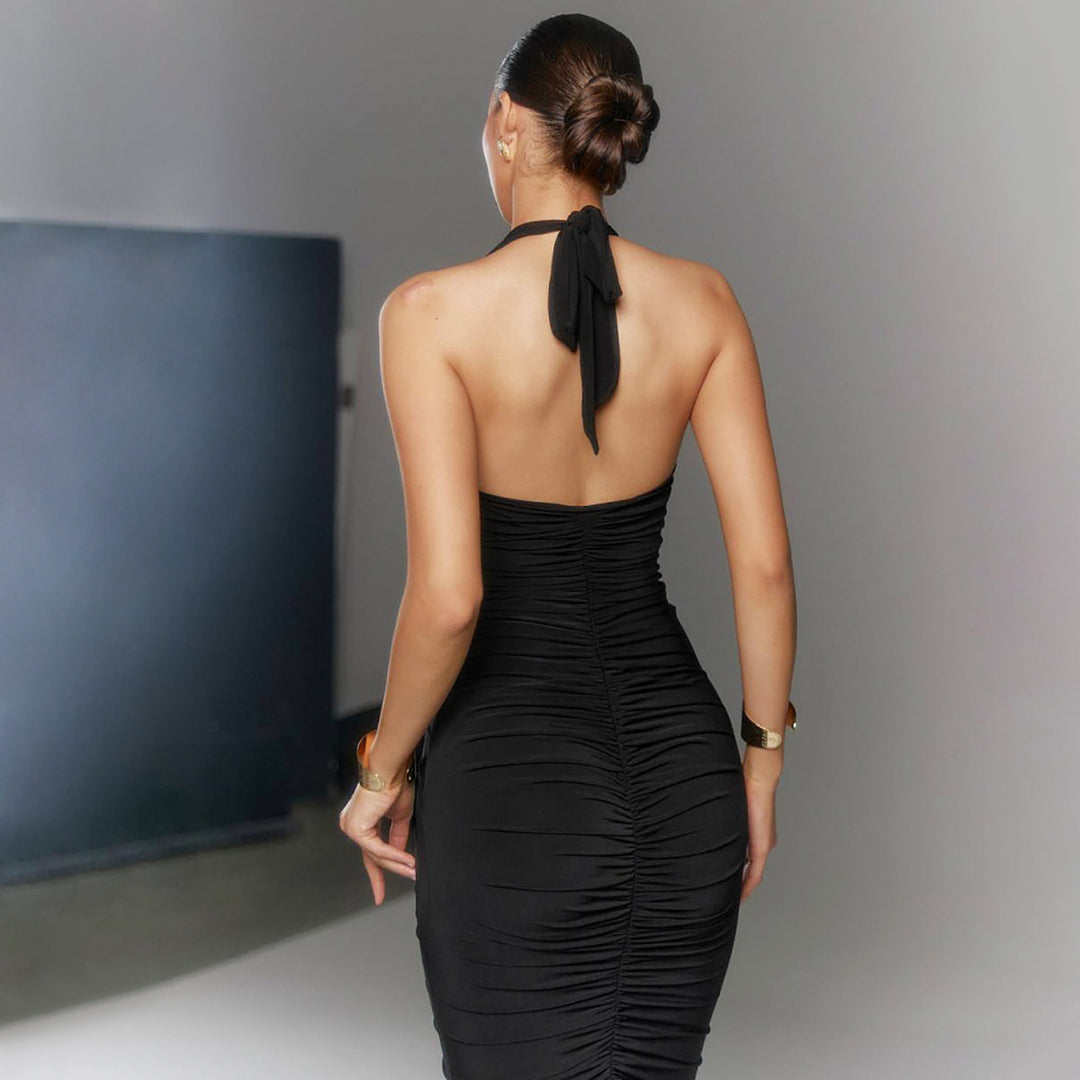 Black Halter Neck Ruched Bodycon Dress