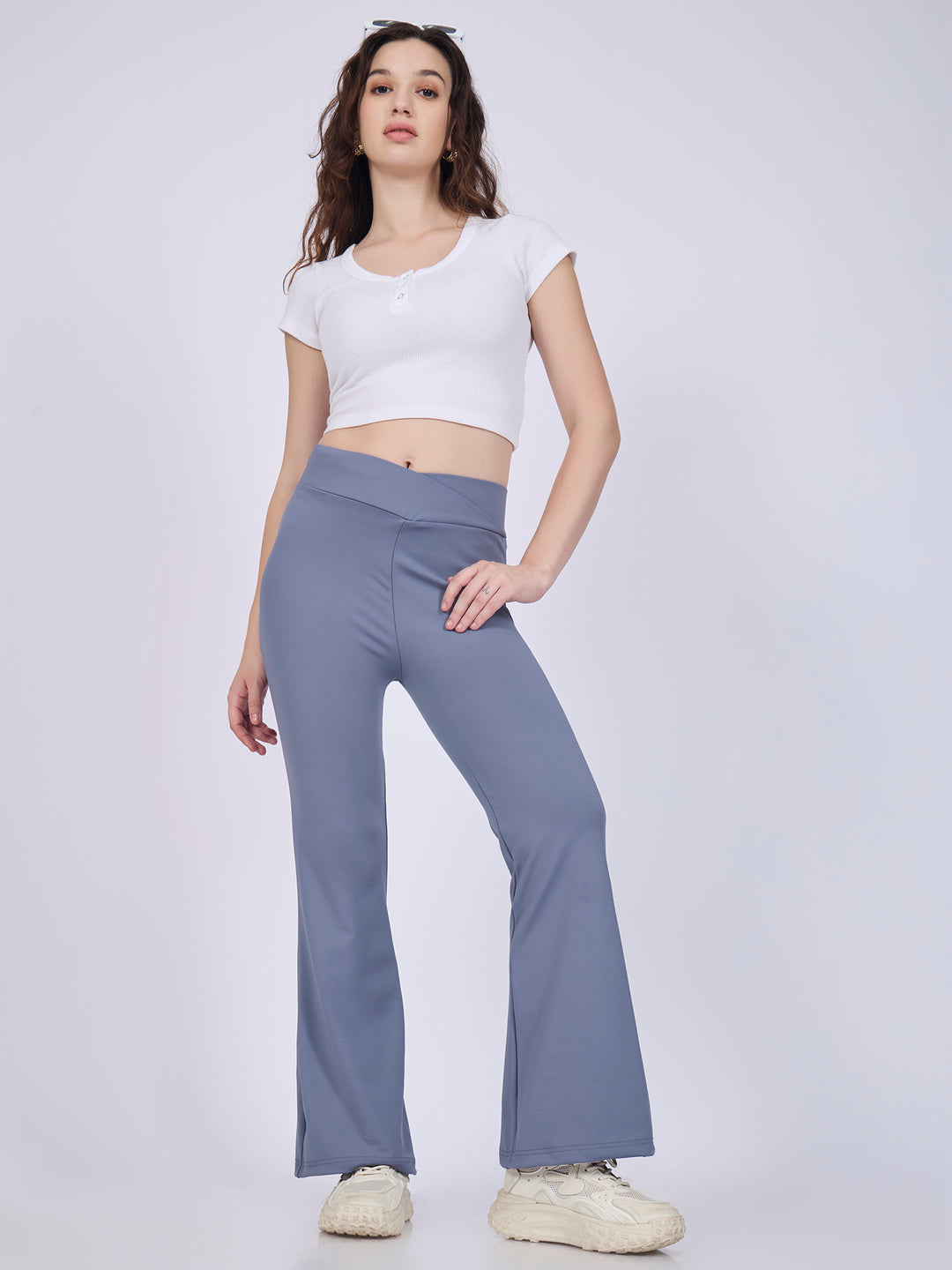 Grey Criss Cross Waist Band Flared Leggigns