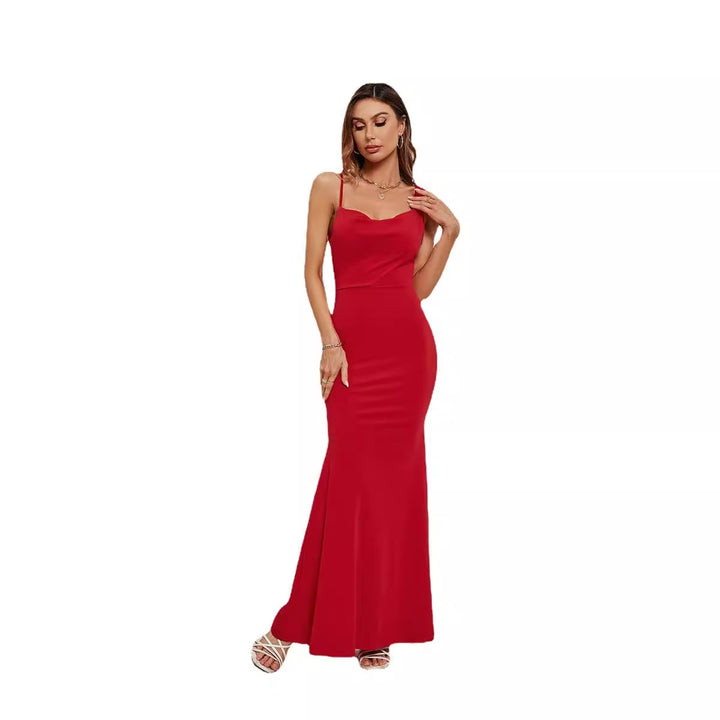 Red Fishtail Solid Maxi Dress