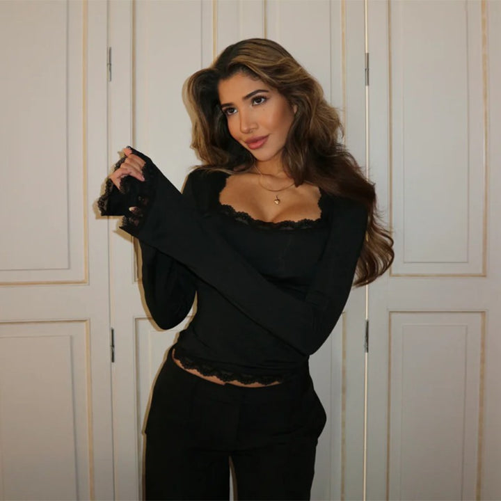 Black Scoop Neck Top With Lace Inserts