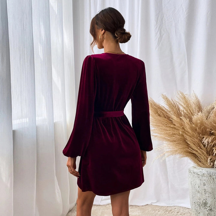 Burgundy V Neck Button Up Velour Dress With Tie Up