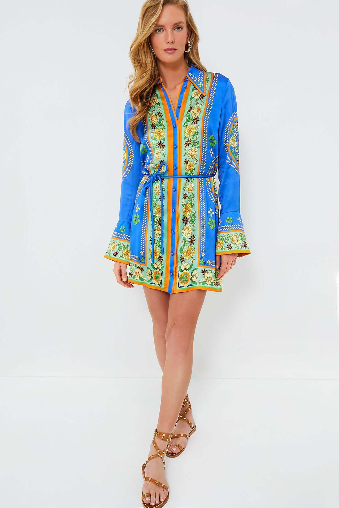 Blue Floral Printed Front Buttoned Shirt Dress