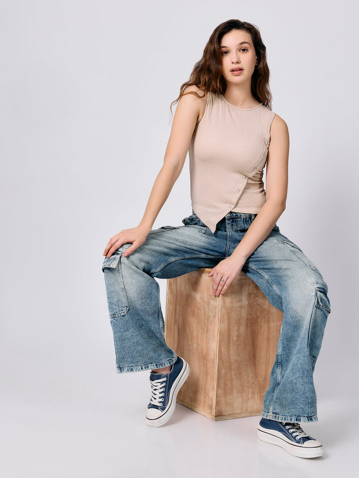 Beige Textured Assymetric Hem Tank