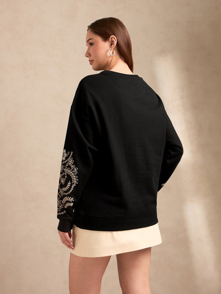 Black Sweatshirt with Textured Placement Sleeves