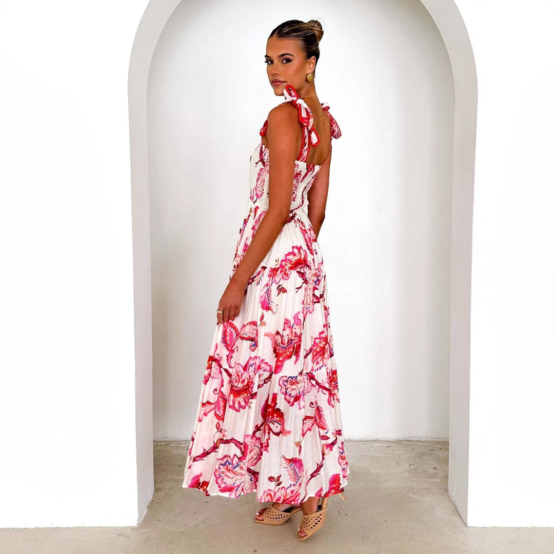 Red Bold Printed Tiered Tie Up Dress