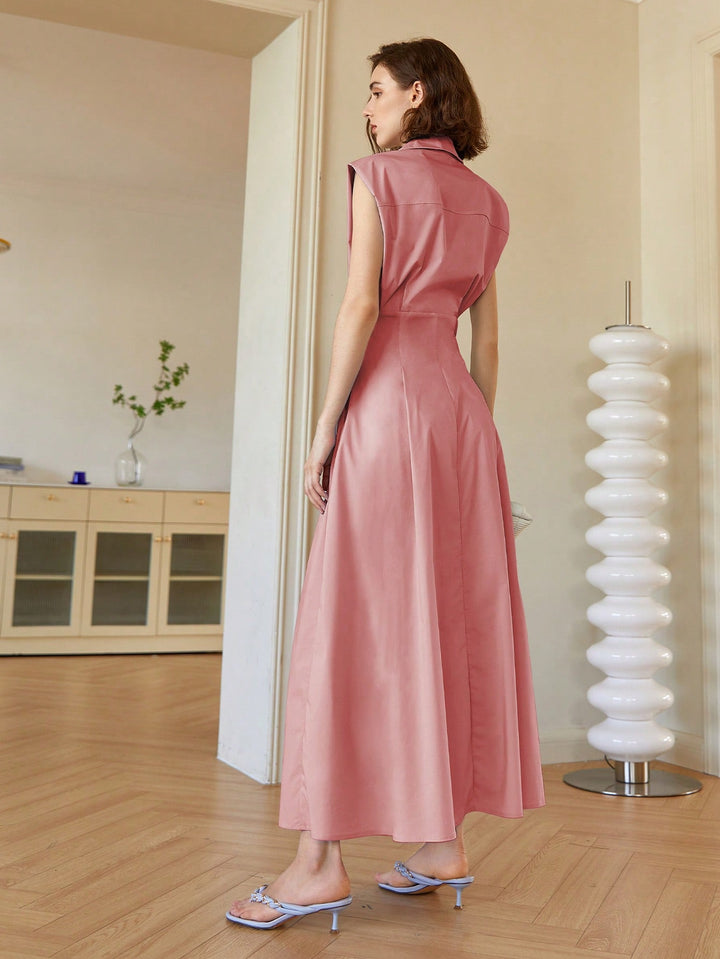 Pink Front Button Shirt Style Sleeveless Dress