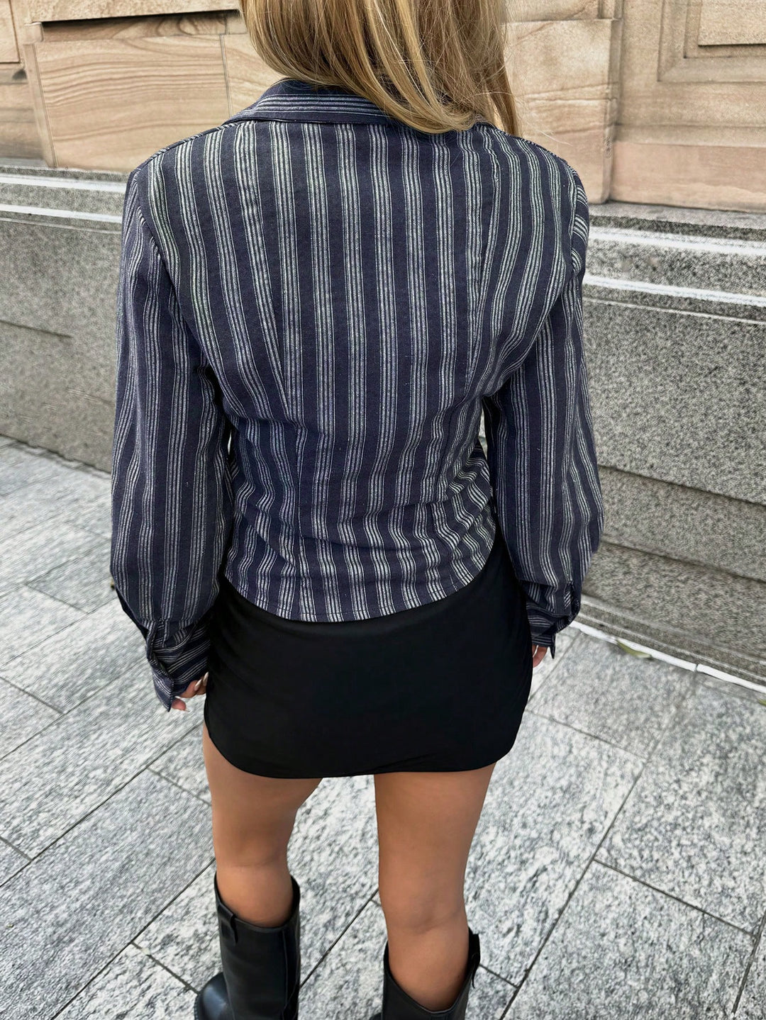 Navy Blue Striped Fitted Shirt